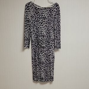 Tory Burch Black & White Ruched Bodycon Leopard Print Dress. Med NWOT